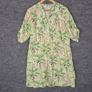J.Mclaughlin Riviera Linen Dress M Botanical Print, Pintuck Front, Pockets‎